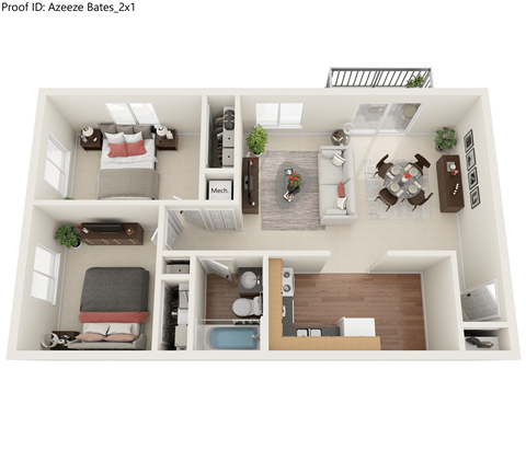 Floor plan for 2 beds, 1 bath, 799 sqft